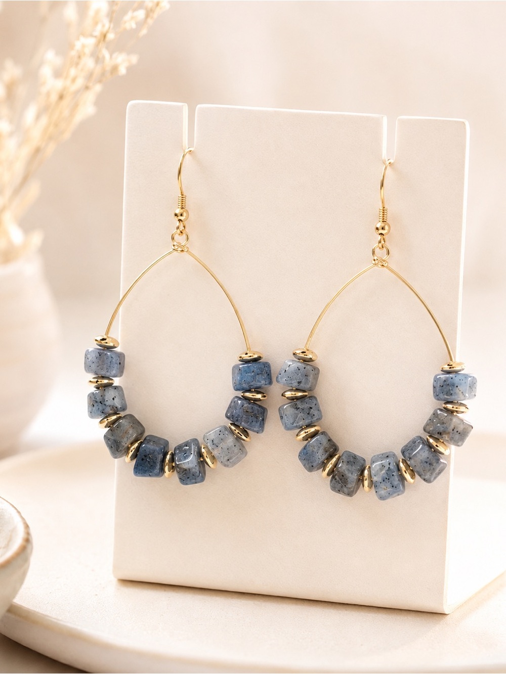 Gold Hoop Earrings with Blue Gray Beads - Women Jewelry
